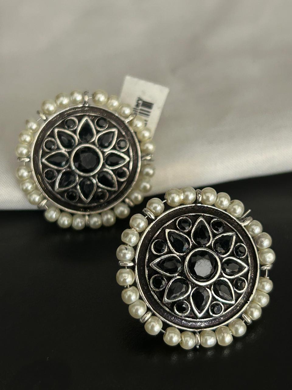 Oxidized Black Stone Stud Earrings with Pearl Border